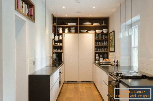 Fashionable design of the kitchen 2018 with shelves in the form of a pantry