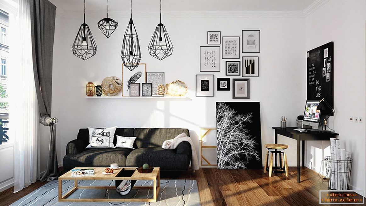 Black accents in the interior of a small room