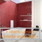 Red wall in white bathroom interior