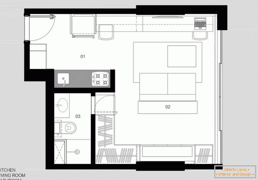 The layout of a small studio apartment