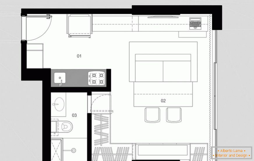 The layout of a small studio apartment