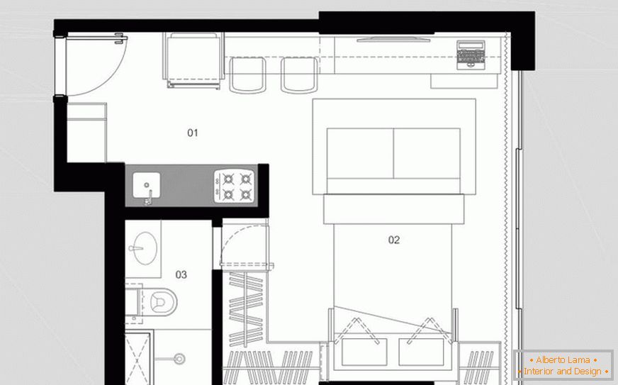 The layout of a small studio apartment