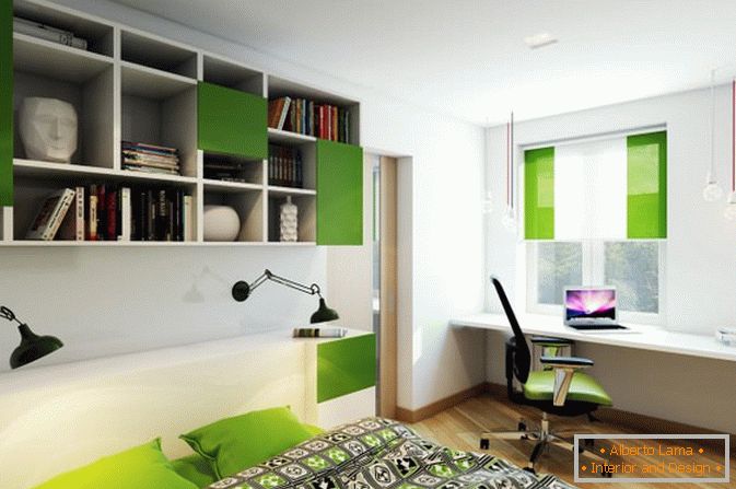 Green accents in the bedroom of a small studio apartment in Russia