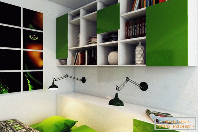 Book shelves in the bedroom of a small studio apartment in Russia