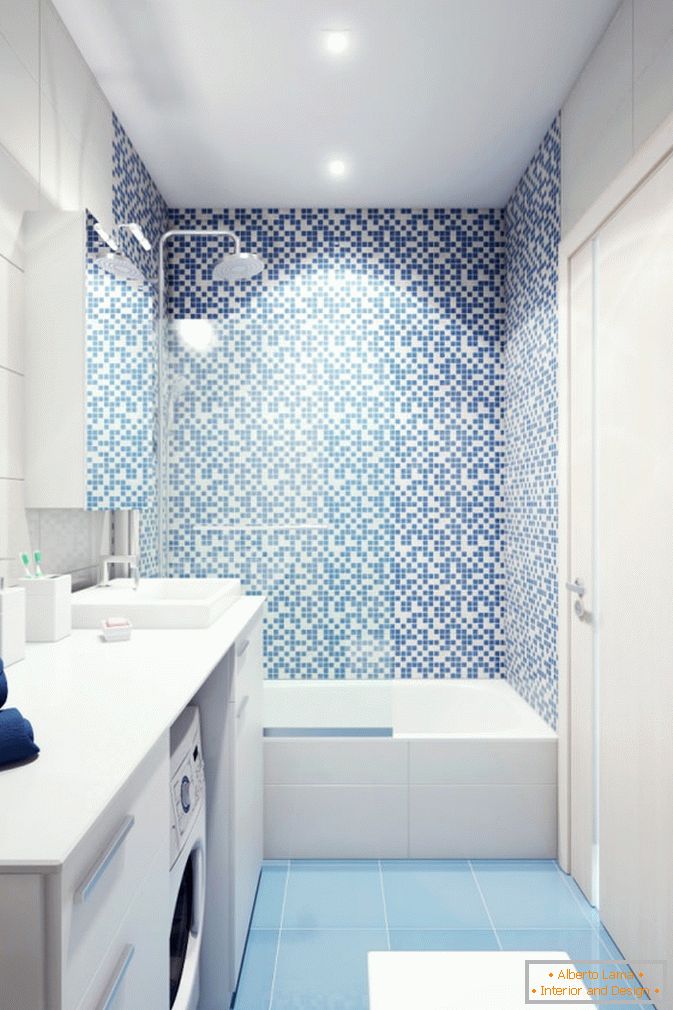 White and blue bathroom of a small studio apartment in Russia