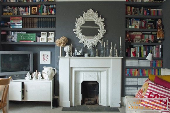 Fireplace in white decoration and stunning mirror with stucco