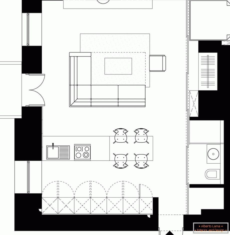 The layout of a stylish studio apartment in Kiev