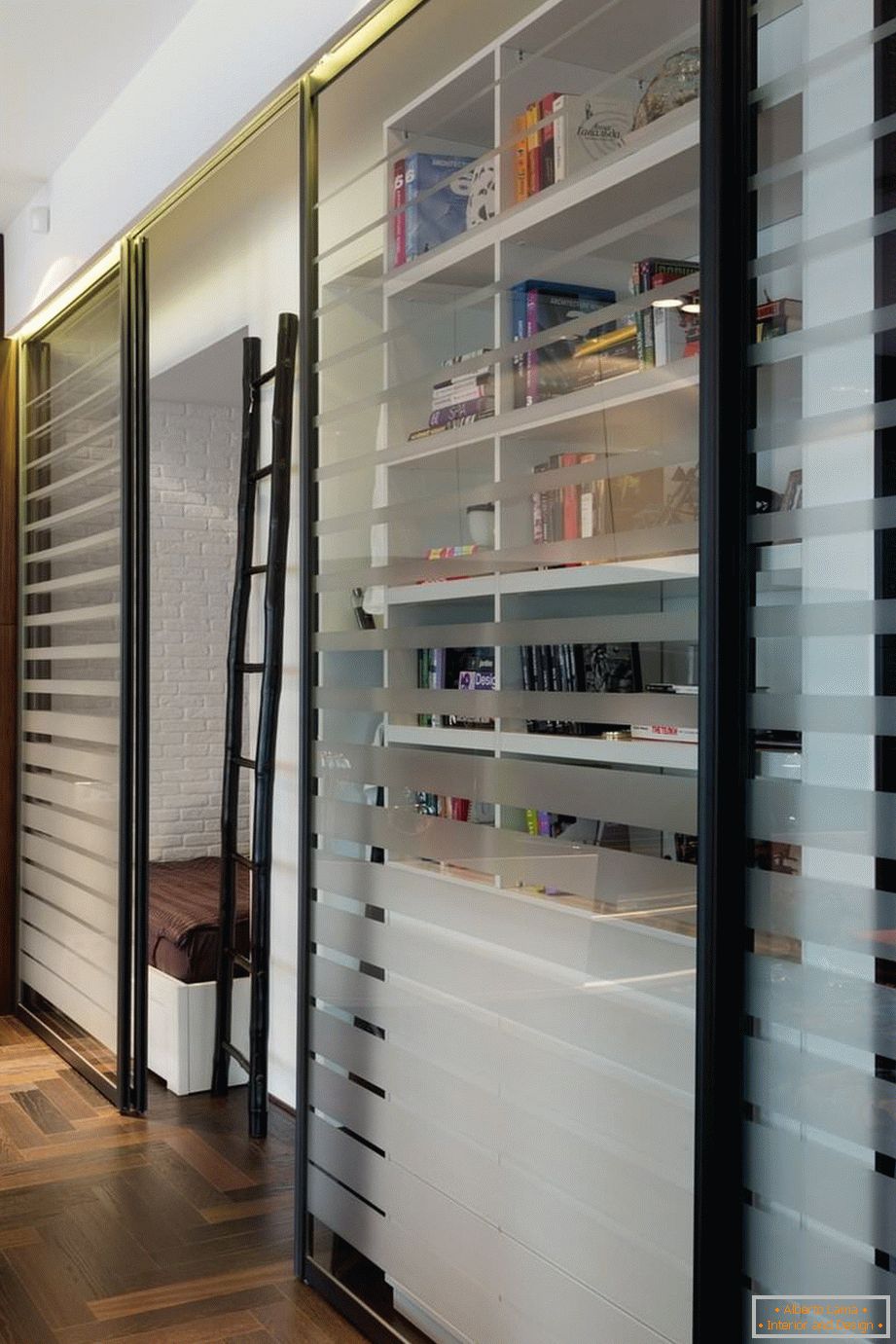 Sliding wardrobe in a stylish studio apartment