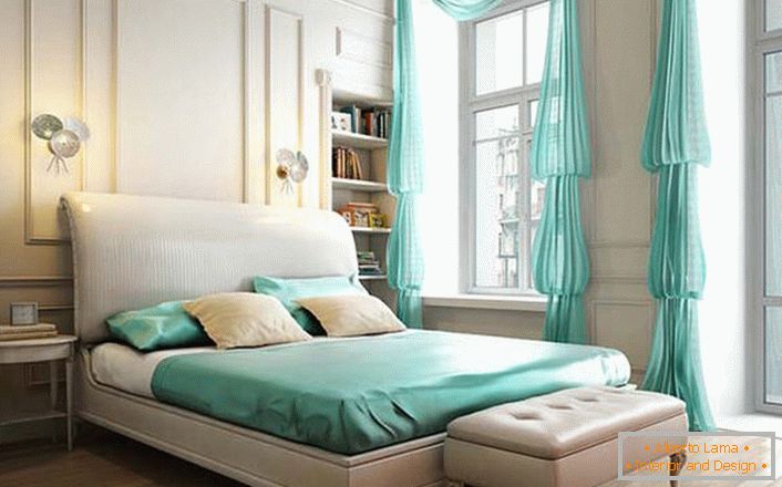 Modest interior of the bedroom in the neoclassic style is interesting accents of mint color. 