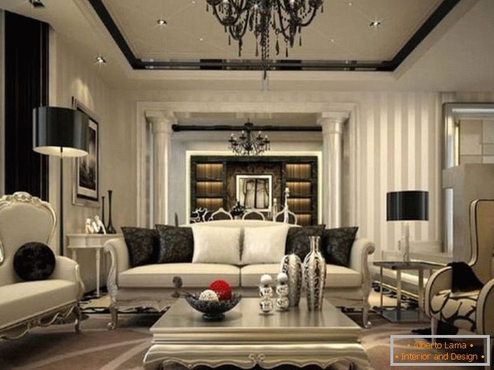 Exquisite interior for the living room is thought out in neoclassic style. Black elements of decoration and decoration are conspicuous against the background of faded gray shades.