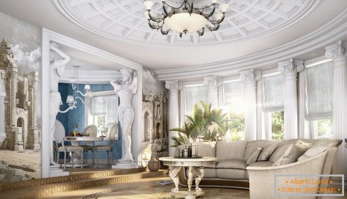 A spacious neoclassic style living room with properly selected furniture. Unobtrusive classics in modern performance.