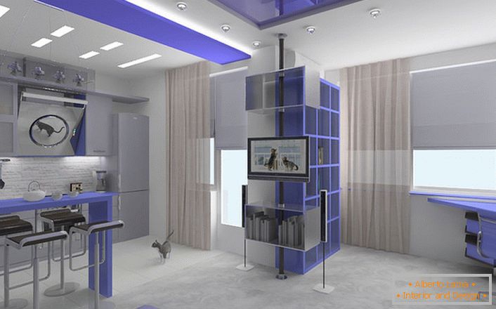 Spacious studio apartment in high-tech style. The sensation of space, the combination of laconic lines and colors. A real studio apartment only in modern styles.