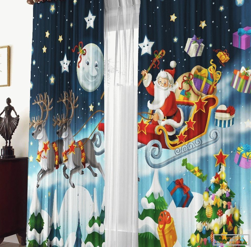 Santa Claus with reindeers on curtains