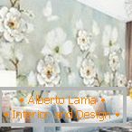 Wallpapers with large flowers in the interior of the living room