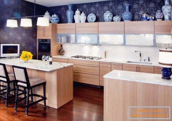 Kitchen design with dark wallpaper and light furniture