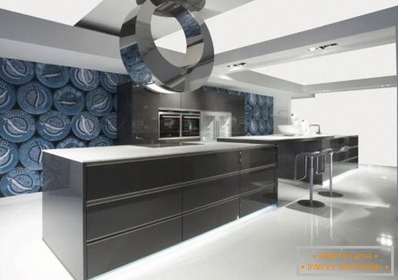 Design of a large kitchen with bright wallpaper on the walls