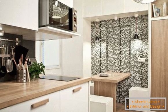 Zoning kitchen with wallpaper for walls