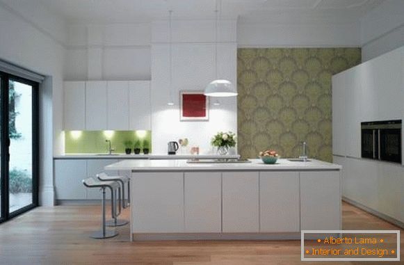 Kitchen design with wallpaper in modern style