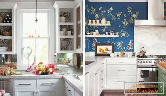 The use of dark wallpaper in the kitchen