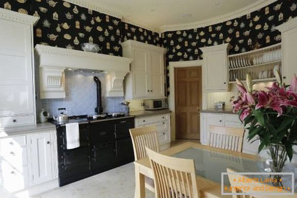 Black wallpapers and white furniture in the kitchen