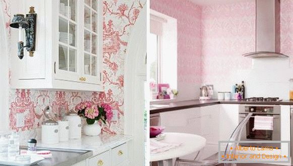 Pink kitchen with wallpaper on the walls