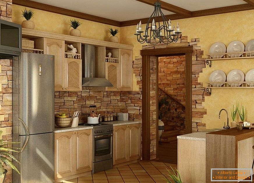 Combining wallpaper with a tile under the stone in the kitchen