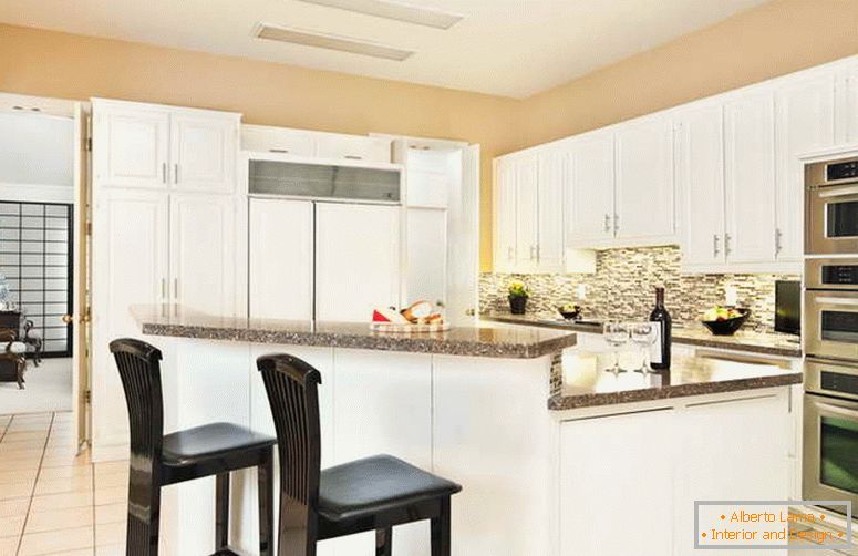Kitchen interior with beige wallpaper