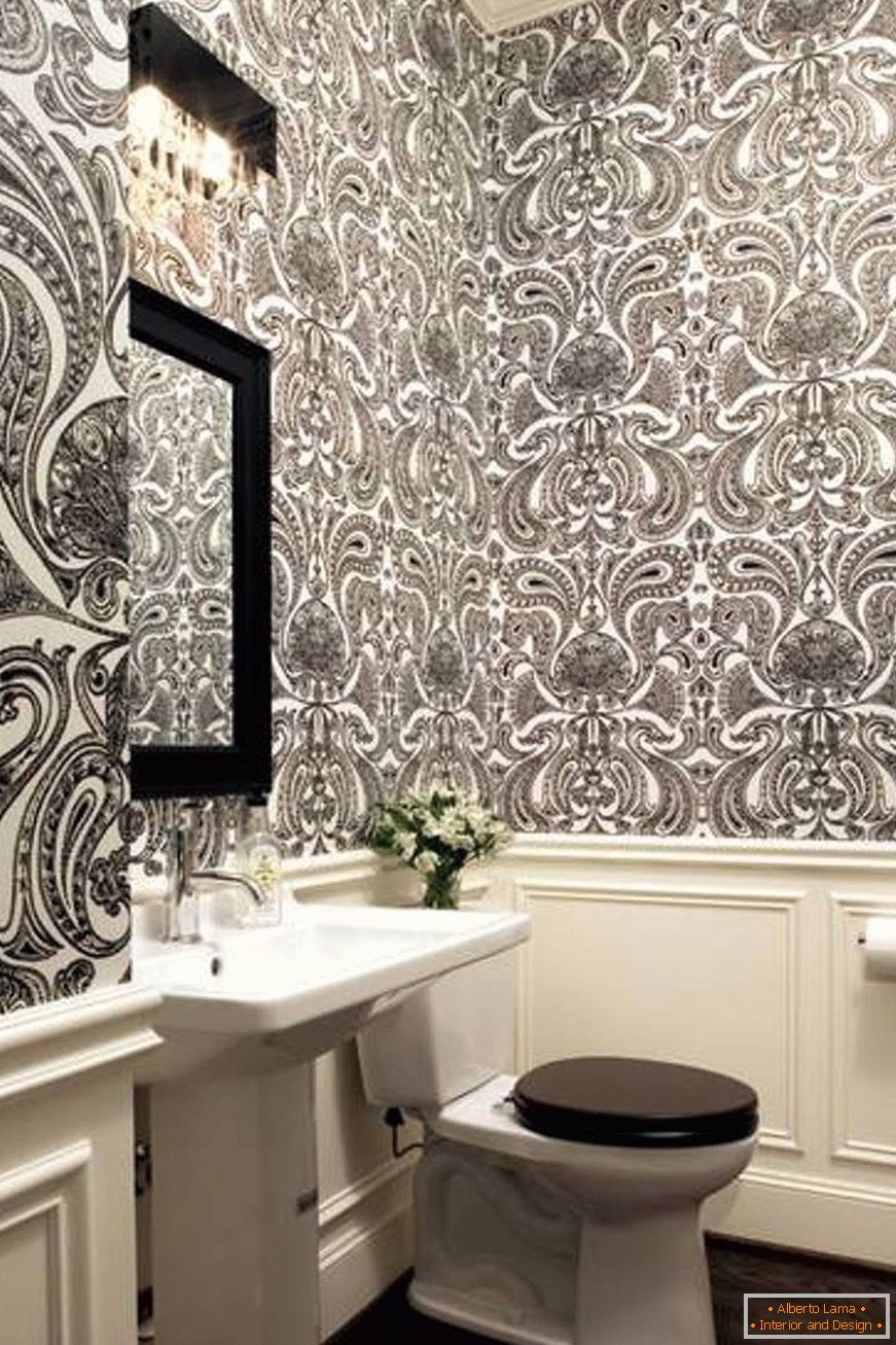 wainscoting-and-wallpaper-bathroom-bathroom-with-wallpaper-and-wainscoting-and-pedestal-sink-and-mirror-and-padded-black-elongated-toilet-seat