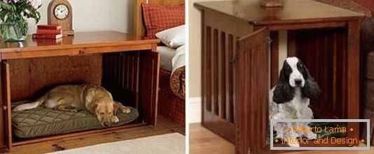 Wooden bedside tables with a bed for a dog