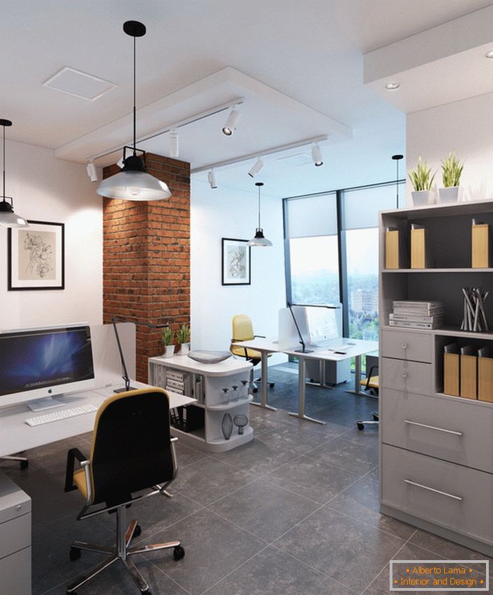 Bright office in loft style with properly selected lighting.