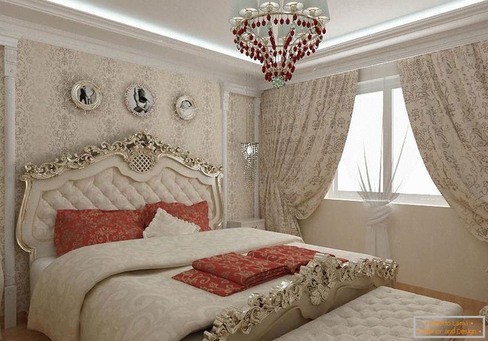 Baroque bedroom in a city apartment. Massive curtains, a bed with wooden carved backs and a chandelier