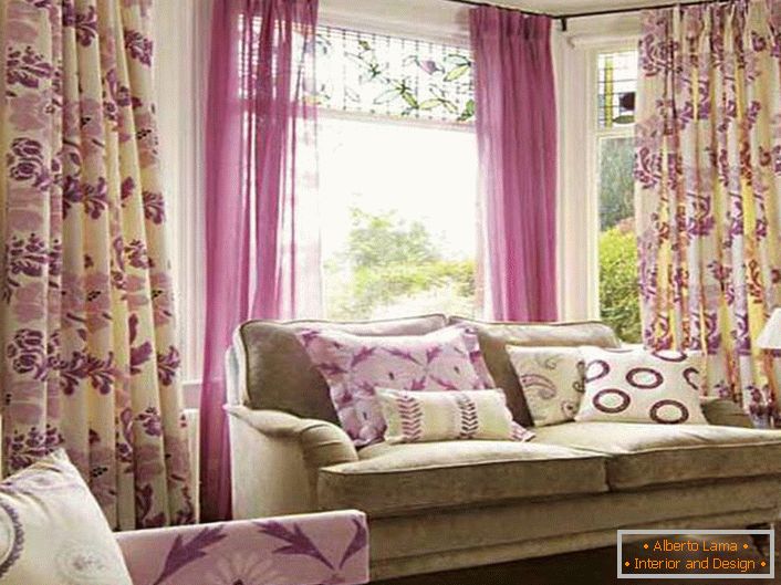 Delicate, colorful floral prints on the curtains - a good option for decorating the living room in a rustic style.
