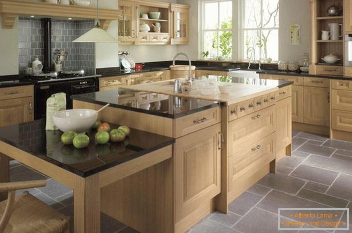 Stylish kitchen in country style. Modern country houses are cozy, functional kitchens with ample furniture made of wood.