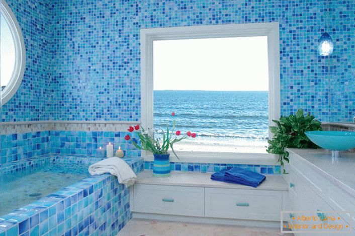 The small bathroom is decorated in a Mediterranean style.