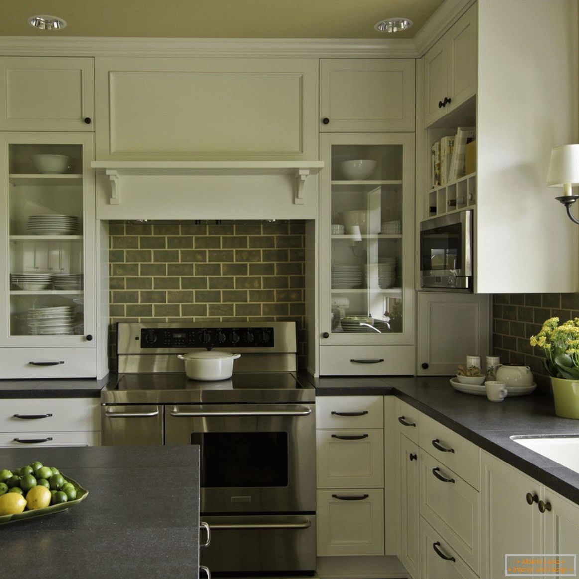 Kitchen with a ceiling in olive color
