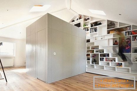 Storage systems in the interior of a mini apartment in the attic