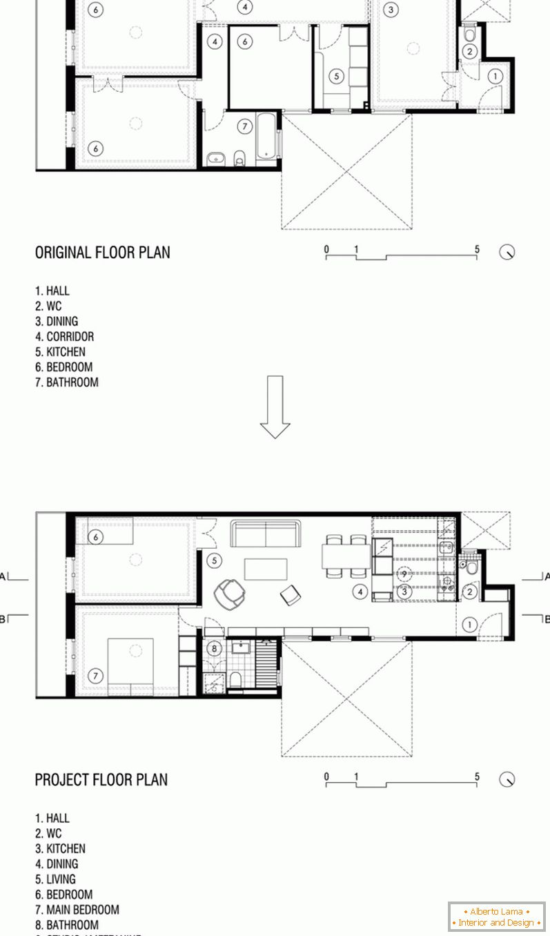 Layout of an apartment with high ceilings before and after repairs