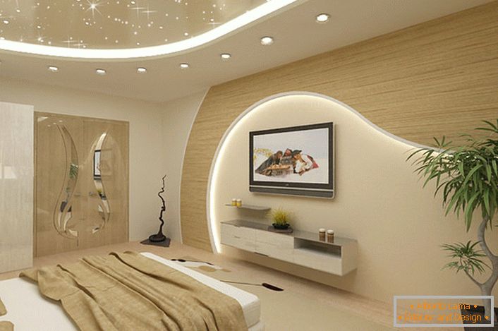 In the morning and in the afternoon light, cozy, presentable .., in the evening bewitching, romantic. Modern materials, modern style. Stretch ceiling is made using 3D perforation.