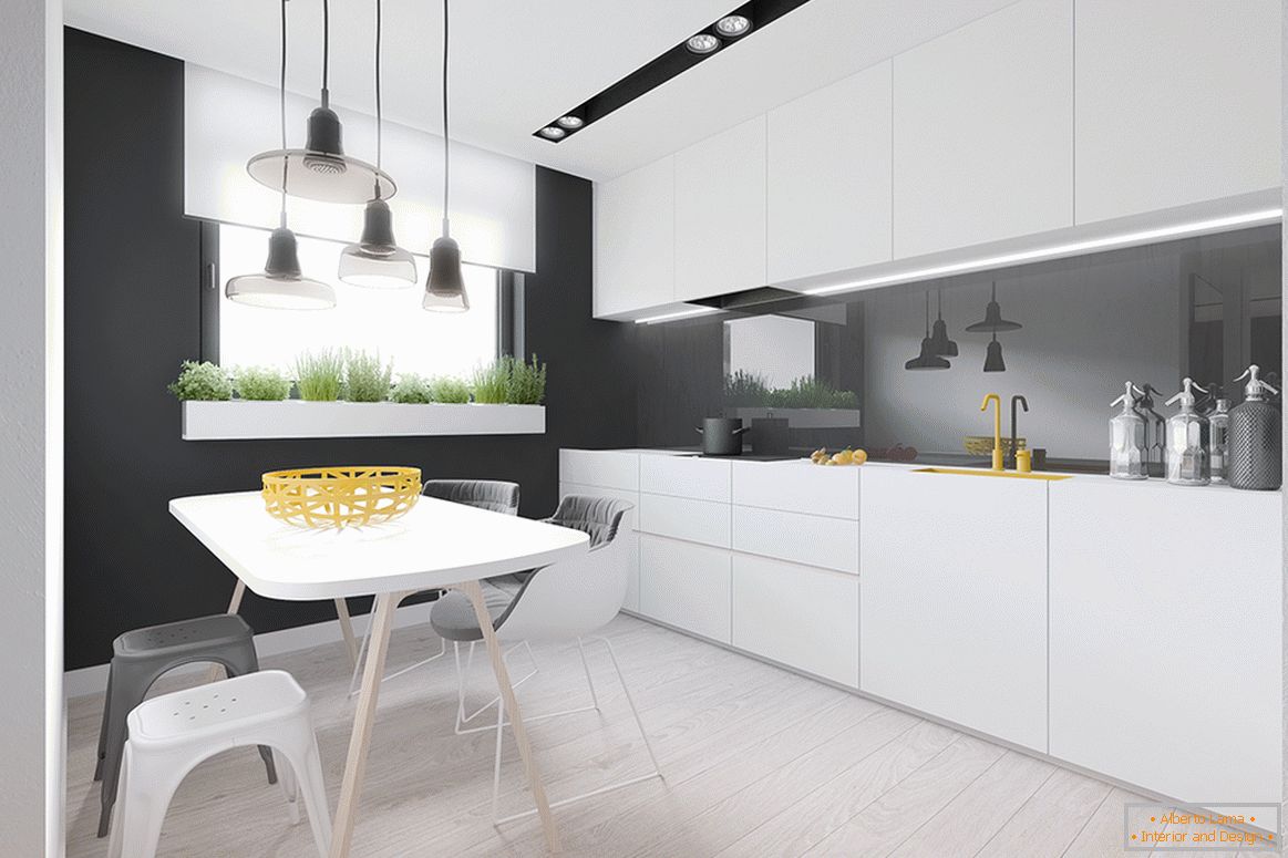 Interior of a small kitchen in black and white