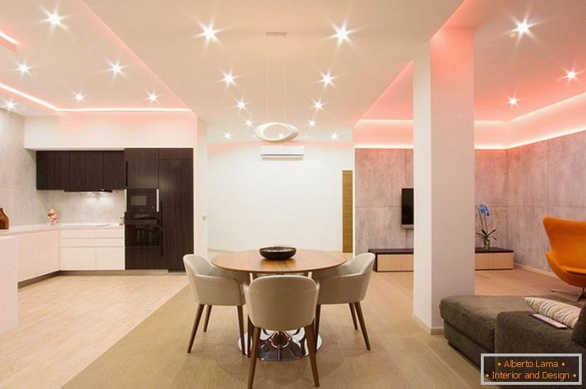 Interior of a dining room in a spacious one-room apartment