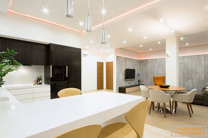 Lighting the kitchen in a spacious one-room apartment