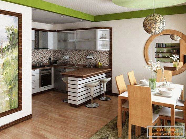 A small kitchen is combined with the living room. The design decision in this case is justified, since a useful space is not enough for the organization of two separate rooms.