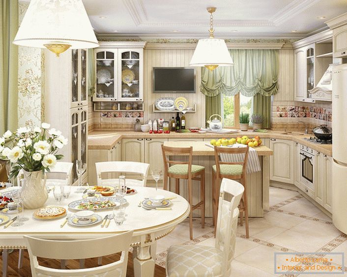 The kitchen, organized in the style of country country, is combined with the living room. Correct arrangement of light and decorative accents makes the room attractive and refined.