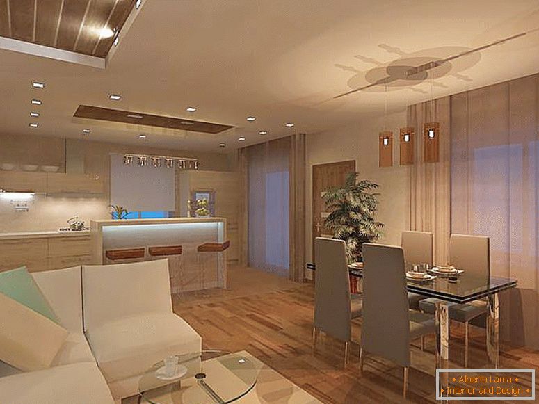 The minimalist living room is combined with the kitchen. For the minimalist style, the use of ceiling chandeliers is not typical, the best option is point LED lighting.