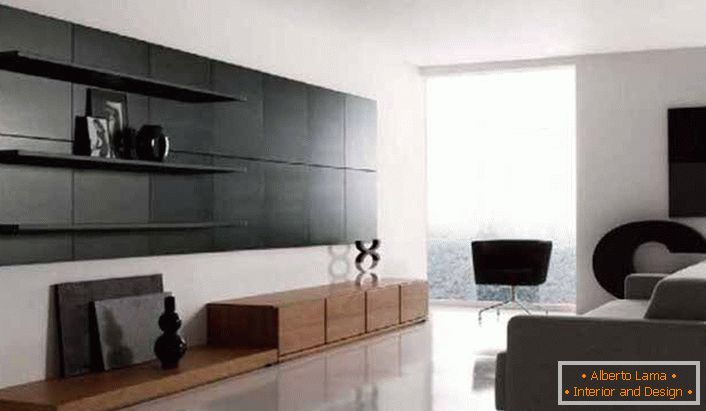 The minimalism style is notable for using practical shelves for decorating the living room.