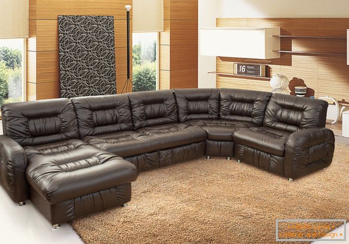Luxurious designer of leather upholstered furniture for a spacious living room.