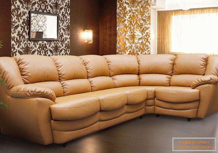 An elegant composite modular sofa for an elegant living room. The color of the cozy corner is the color of upholstery of luxury Cadillacs of premium class.