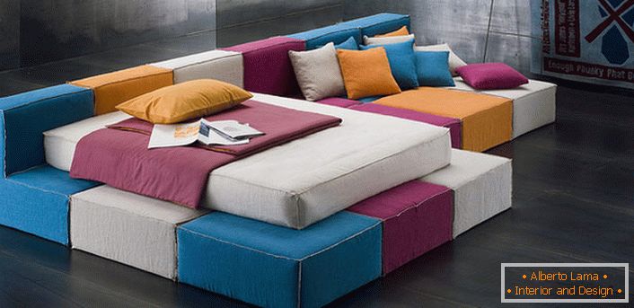 Bright boxes of modular sofa for hard loft style. There are only two constructive elements, and what are the possibilities for your imagination.