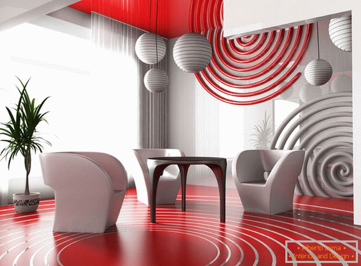 Dining area in avant-garde style. The combination of a bright red color with a neutral gray looks profitable.