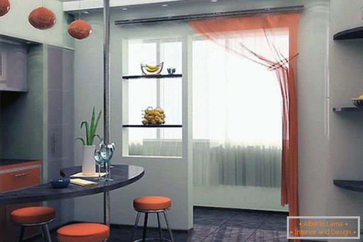 The muffled orange blends in with the gray, from which the room visually seems more spacious.